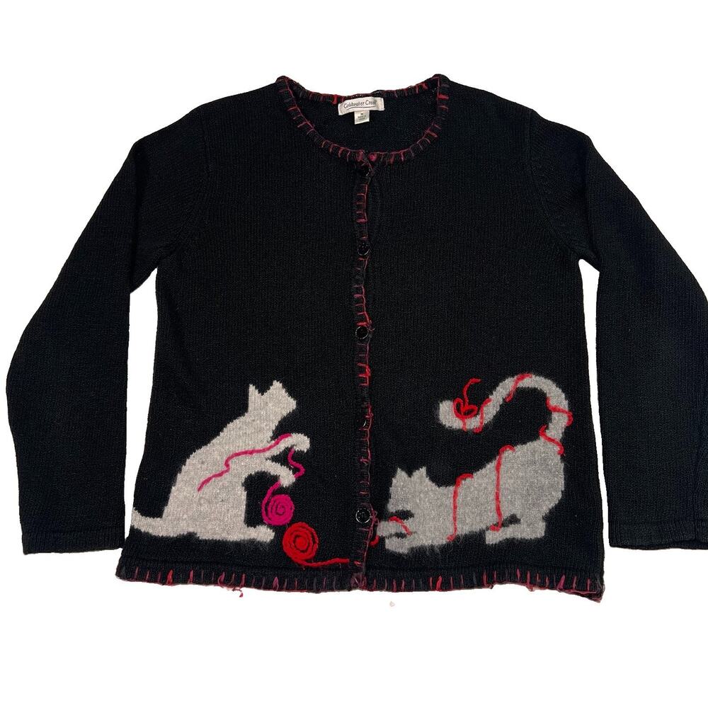 Coldwater Creek Cats Cardigan Size M Black Rabbit Hair Playing Kittens Vintage